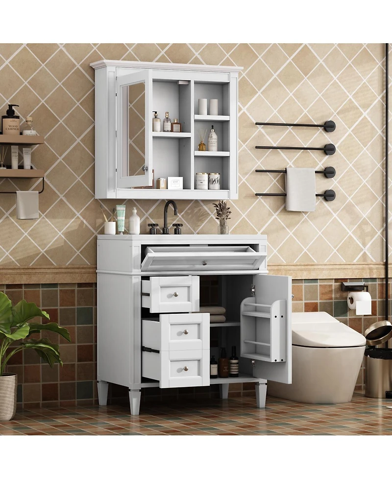 Sillysis 30'' Bathroom Vanity Set with Mirror Cabinet, Solid Wood & Mdf, Soft Close Drawers, Ample Storage for Modern Bathrooms