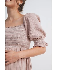Hello Miz Maternity Smocked Empire Waist Puff Sleeve Midi Dress with Ruffle Hem
