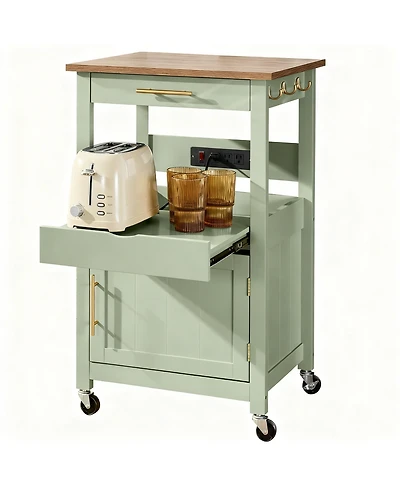Yigii Kitchen Cart with Cabinet, Drawer, Pull-out Shelf, 3 Outlets