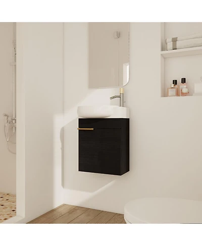 Sillysis 17" Wall-Mounted Modern Bathroom Vanity with Ceramic Sink, Black Chestnut Plywood Cabinet & Soft Close Door for Small Spaces