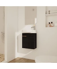 Sillysis 17" Wall-Mounted Modern Bathroom Vanity with Ceramic Sink, Black Chestnut Plywood Cabinet & Soft Close Door for Small Spaces