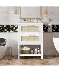 Sillysis 24 Inch Freestanding Bathroom Vanity with Ceramic Sink, Flip-Out Drawer & Modern Storage for Small Spaces