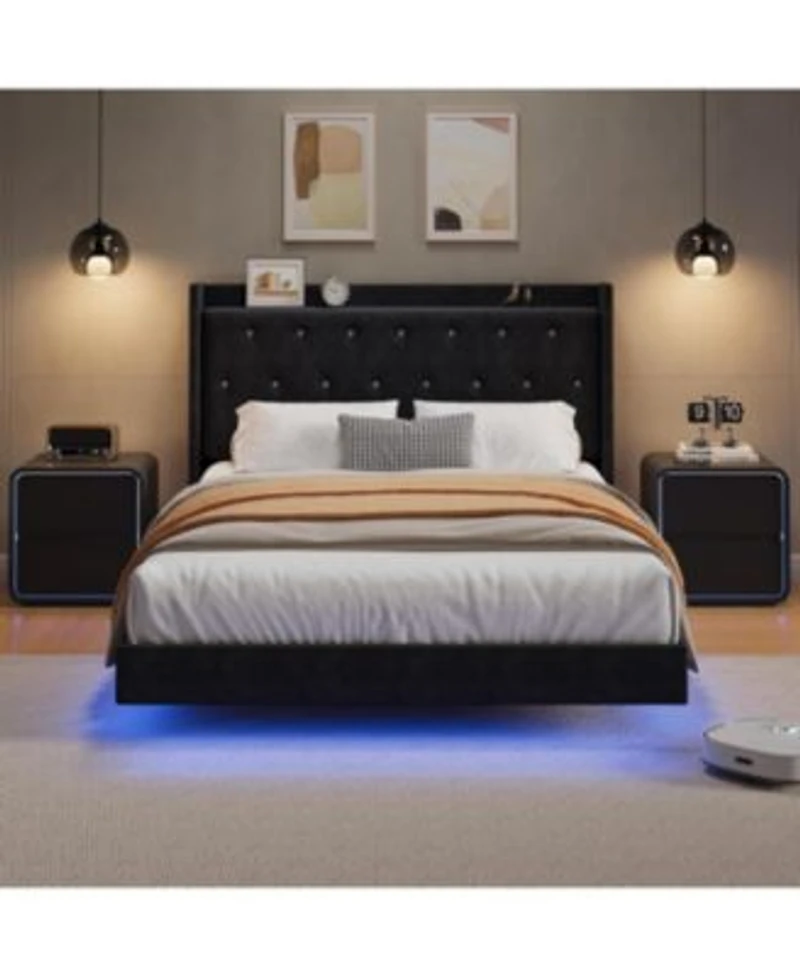 Gaomon Full Size With 2 Storage Drawers Upholstered Headboard Built In Charging Station Sturdy Metal Slats