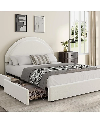 gaomon Queen Bed Frame with Storage Drawers, Upholstered Boucle Platform Round Headboard, Heavy Duty & Noise Free, No Box Spring Needed