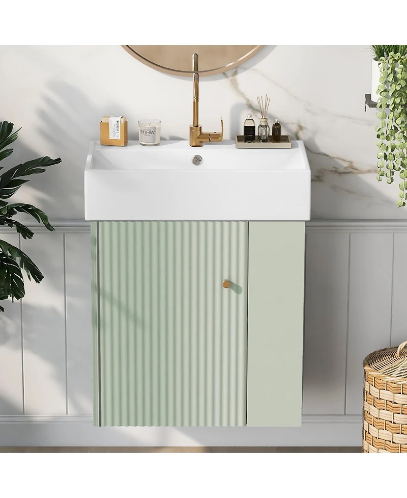 Sillysis Floating Bathroom Vanity with Ceramic Sink, Right Side Storage, Soft Close, Modern Wall Mounted Cabinet