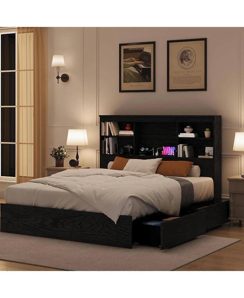 gaomon Bed Frame with High Storage Bookcase Headboard, Wood Bed Frame with 4 Storage Drawers, Built in Charging Station, No Box Spring Needed