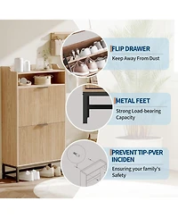 gaomon Modern Fluted Shoe Storage Cabinet with 2 Flip Drawers and Open Shelf Freestanding Narrow Shoe Rack Organizer for Hallway Entryway