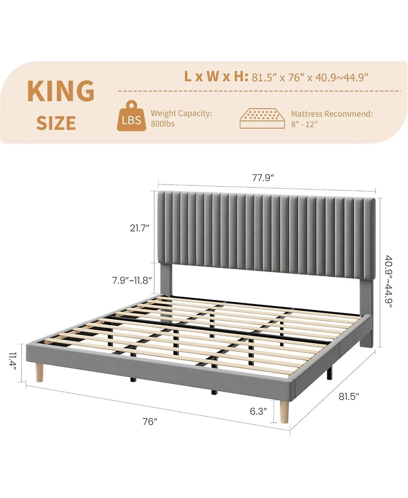 gaomon King Bed Frame with Adjustable Headboard, Velvet Upholstered Platform King Size Bed Frame, Vertical Channel Tufted