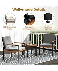 Gymax 3 Pieces Patio Furniture Set Outdoor Bistro Conversation Set w/ Acacia Wood Side Table