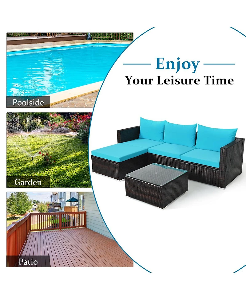 Gymax 5PCS Cushioned Rattan Patio Conversation Set w/ Coffee Table Ottoman