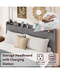 gaomon Full Floating Bed Frame with Led Lights Charging Station Storage Headboard Folding Shelves Metal Slats