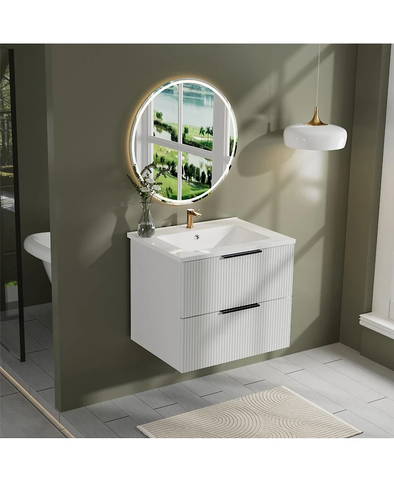 Sillysis 24" Wall Mounted Bathroom Vanity with Ceramic Sink, Fluted Mdf Cabinet & Drawers for Modern Bathrooms