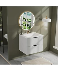 Sillysis 24" Wall Mounted Bathroom Vanity with Ceramic Sink, Fluted Mdf Cabinet & Drawers for Modern Bathrooms