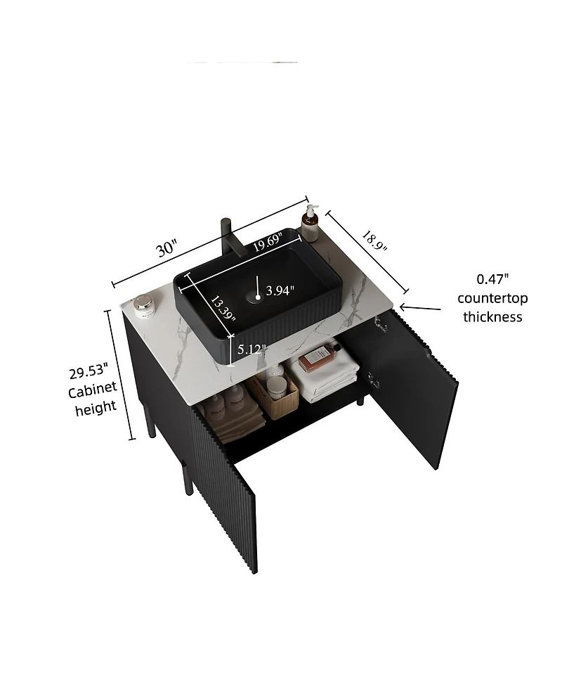 Sillysis 30'' Modern French Freestanding Bathroom Vanity with Black Ceramic Sink, Carrara White Countertop, Soft Close 2-Door Storage
