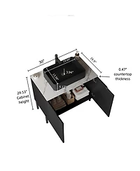 Sillysis 30'' Modern French Freestanding Bathroom Vanity with Black Ceramic Sink, Carrara White Countertop, Soft Close 2-Door Storage