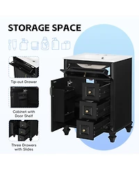 Sillysis 24 Inch Freestanding Bathroom Vanity with Ceramic Sink, Flip Drawer Storage and Adjustable Shelf for Small Spaces