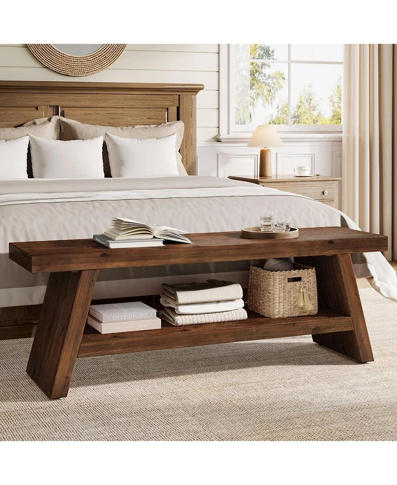 Tribesigns 2-Tier Solid Wood Entryway Bench, Hallway Foyer Seating with Open Shelves, Wooden Shoe Bench Indoor