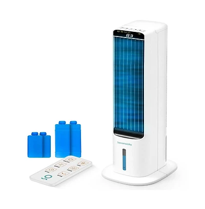 SereneLife Portable Evaporative Air Cooler Tower Fan Detachable Water Tank, 60° Oscillation, 3 Modes, 4 Ice Packs & Remote Control, White
