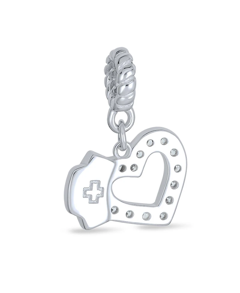Bling Jewelry Heart Shape Rn Cap Nurse Dangle Bead Charm For Charm Bracelet .925 Sterling Silver