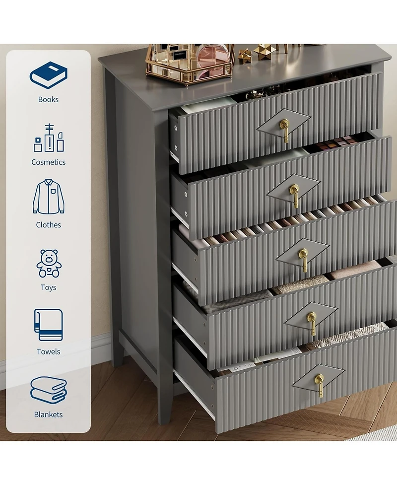 gaomon Tall Fluted Dresser, 5 Drawer Modern Wood Storage Chest for Living Room or Entryway