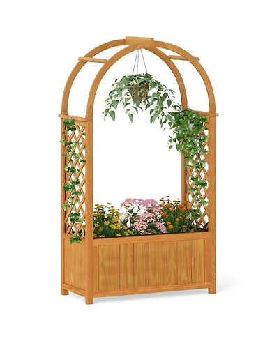 Gymax Wooden Raised Garden Bed w/ Lattice Trellis Arched Roof Liner Drainage Patio