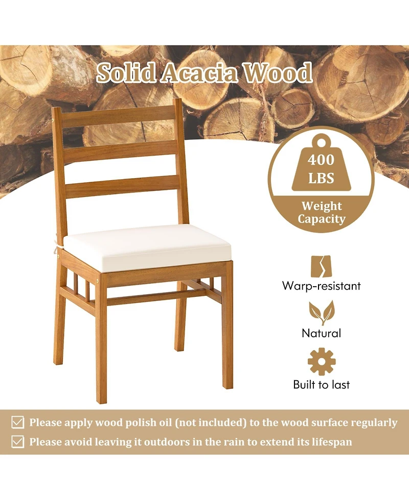 Gymax Solid Acacia Wood Patio Chair Set of 2 w/ Padded Seat Cushions