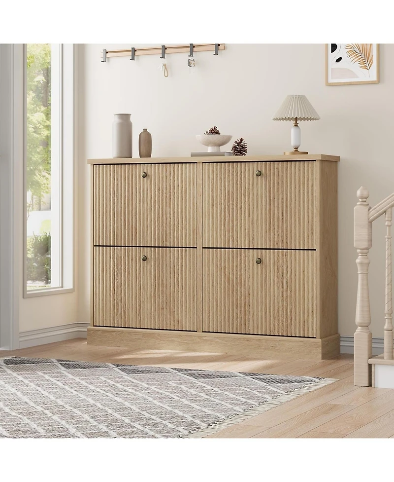 gaomon Shoe Cabinet with 4 Flip Drawers Freestanding Cabinet with Adjustable Shelves and Thicken Top Fluted Design Wooden Narrow Shoe Organizer