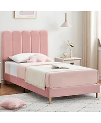 gaomon Twin Bed Frame, Velvet Upholstered Platform Bed with Wave Headboard for Girls/Kids, Easy Assembly, Wooden Slats Support, No Box Spring Needed