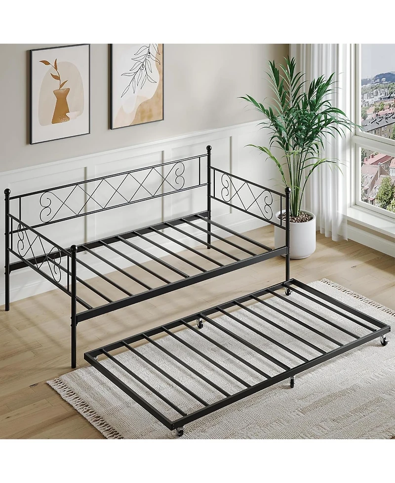 gaomon Metal Daybed with Trundle Bed, Modern Twin Sofa Bed Steel Slat Support, Space Saving Frame for Guest Room, Living Room