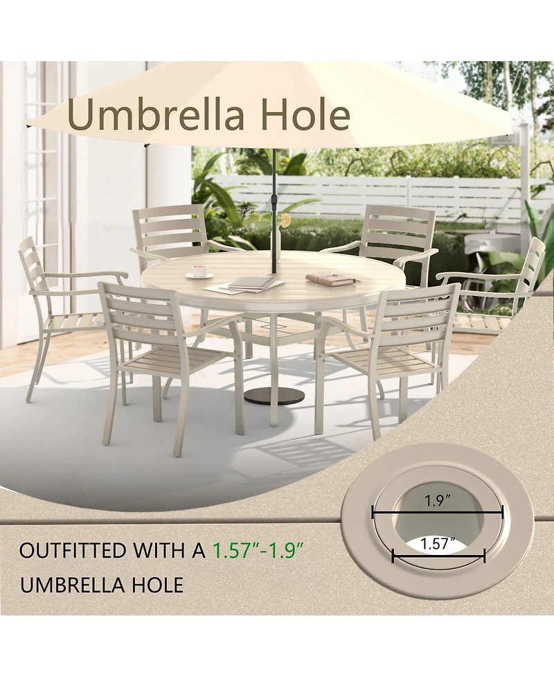 Mondawe 7-Piece Outdoor Dining Set, 6 Stackable Metal Chairs with 1 Round Slatted Table, Sandstone Color, All-Weather Patio Set