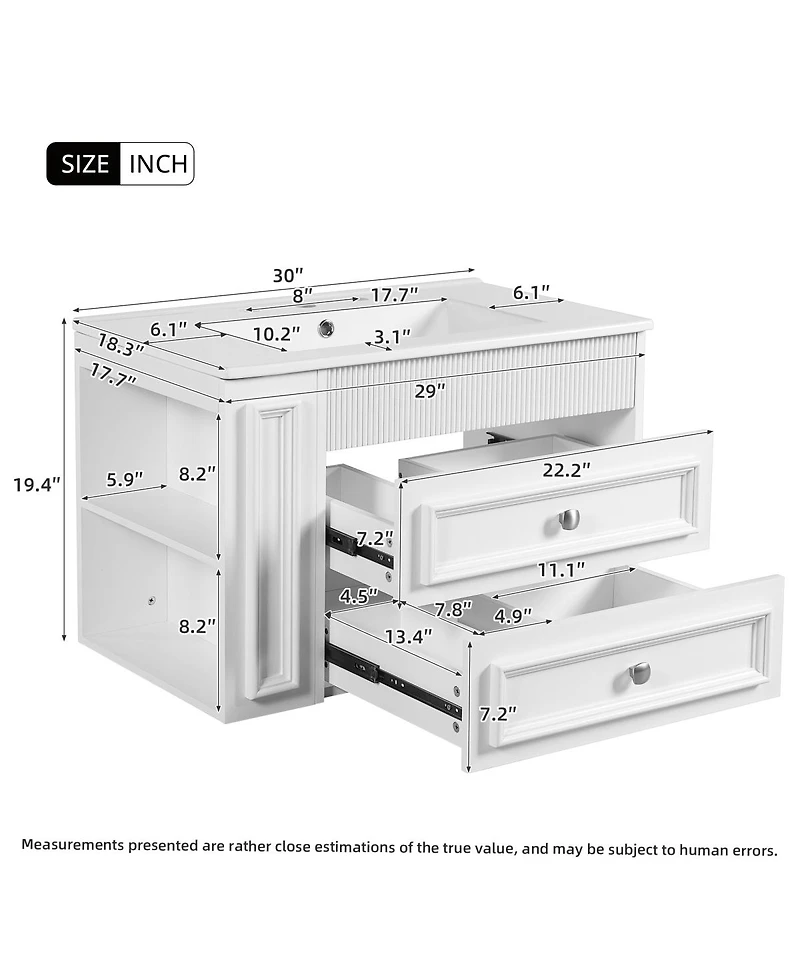 Sillysis 30" Wall Mounted Bathroom Vanity with Sink, Modern Mdf Cabinet, 2 Drawers and Open Shelves for Small Spaces