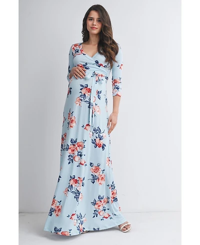 Hello Miz Maternity Floral Nursing Wrap 3/4 Sleeve V-Neck Maxi Dress