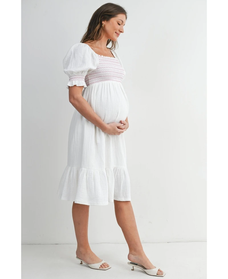 Hello Miz Maternity Smocked Empire Waist Puff Sleeve Midi Dress with Ruffle Hem