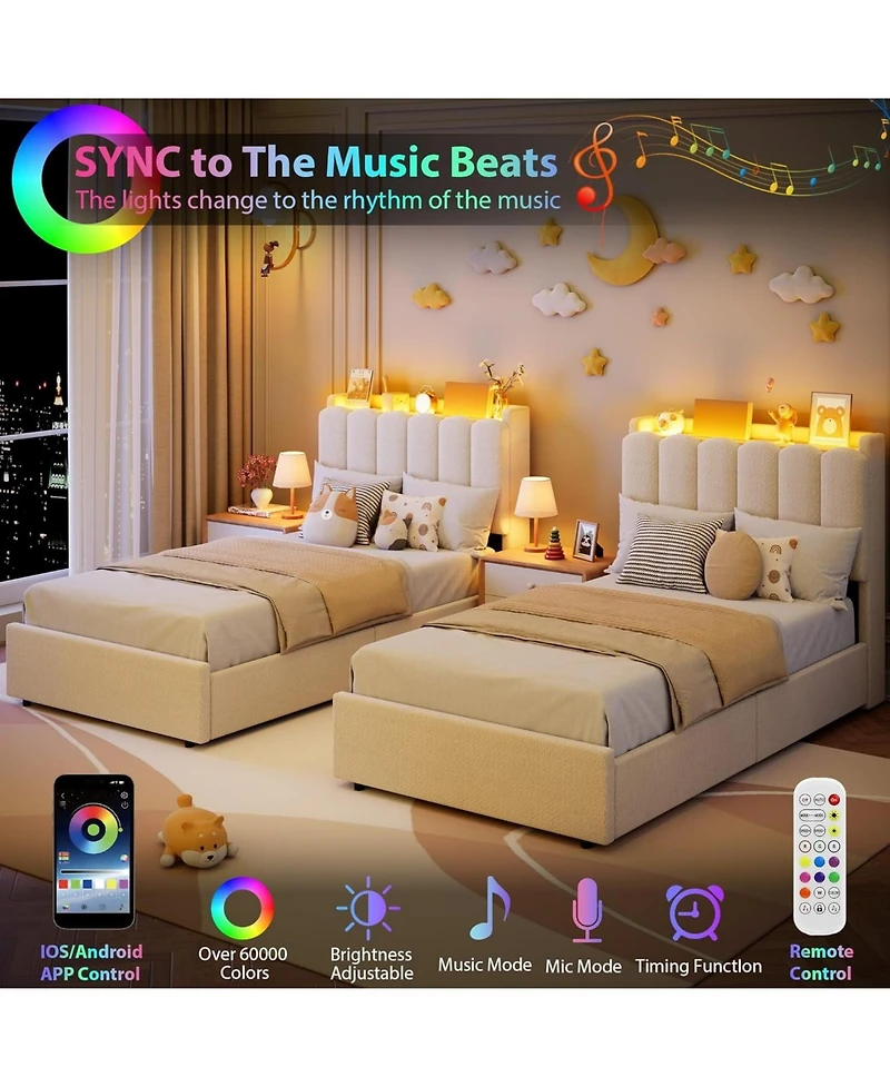 Twin Boucle Upholstered Platform Bed Frame Wavy Headboard Storage Bookcase 2 Drawers No Box Spring Space-Saving White