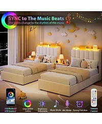 Twin Boucle Upholstered Platform Bed Frame Wavy Headboard Storage Bookcase 2 Drawers No Box Spring Space-Saving White