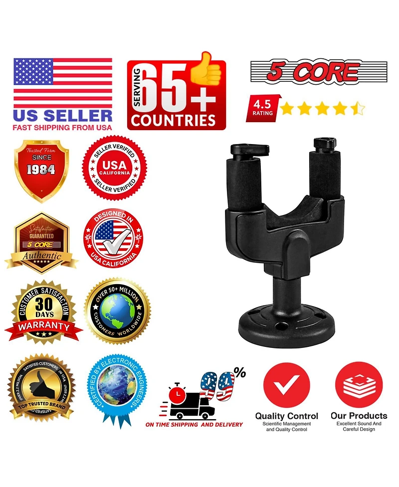 5 Core Guitar Wall Mount Hanger Black 2 Pack | Easy Lock and Adjustable