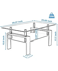 Rainsken Rectangle 2-Tier Glass Coffee Table, Modern Small Center Table with Storage and Metal Legs for Living Room, Home Office