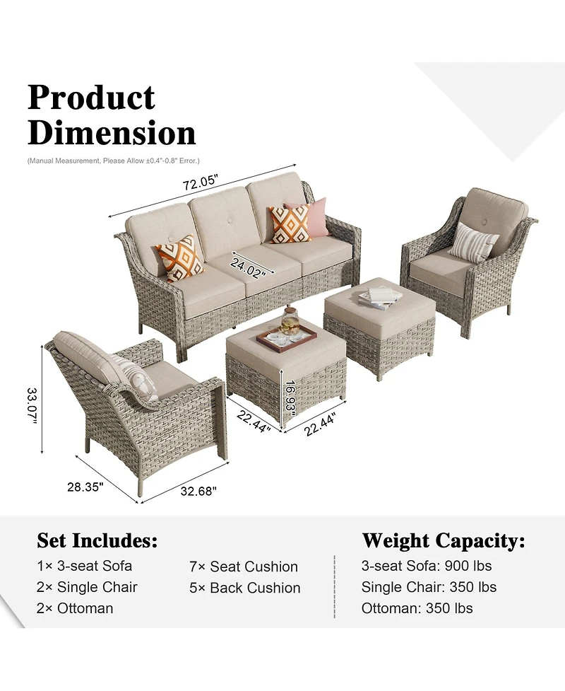 Xizzi 5 Piece Outdoor Patio Furniture Set,Wicker Conversation Set with Comfy Deep Sofa,Wide Armrest Chairs Ottoman for Outside Porch Balcony