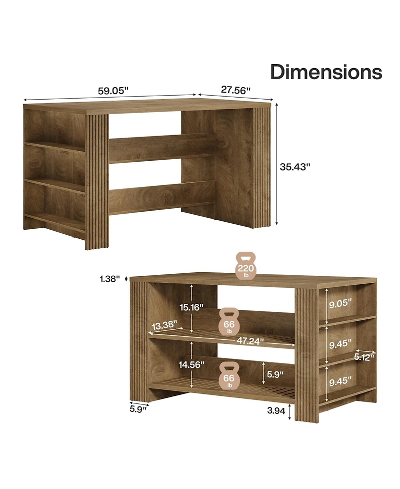 Tribesigns 3-Tier Farmhouse Kitchen Island with Storage, 59'' Wooden Stationary Island Table with Open Shelves & Large Worktop & Leg Room