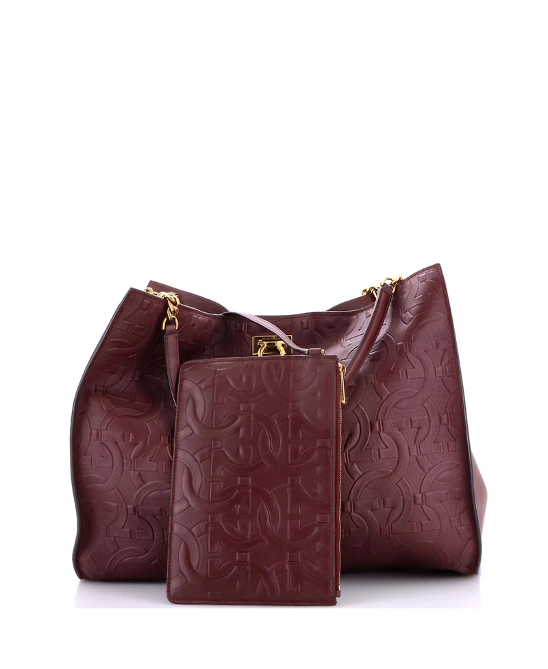 Pre-Owned Salvatore Ferragamo Large Trifolio Tote Gancini Embossed Leather