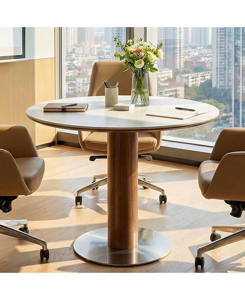 Tribesigns 31.5-Inch Round Conference Table for 2-4 People, Modern Small Meeting Room Table with Sintered Stone Tabletop and Stainless Steel Base
