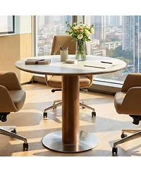 Tribesigns 31.5-Inch Round Conference Table for 2-4 People, Modern Small Meeting Room Table with Sintered Stone Tabletop and Stainless Steel Base