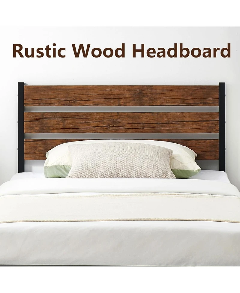 gaomon Bed Frame Rustic Brown Wood Farmhouse Metal Platform Wooden Slat Easy Assembly No Box Spring Needed