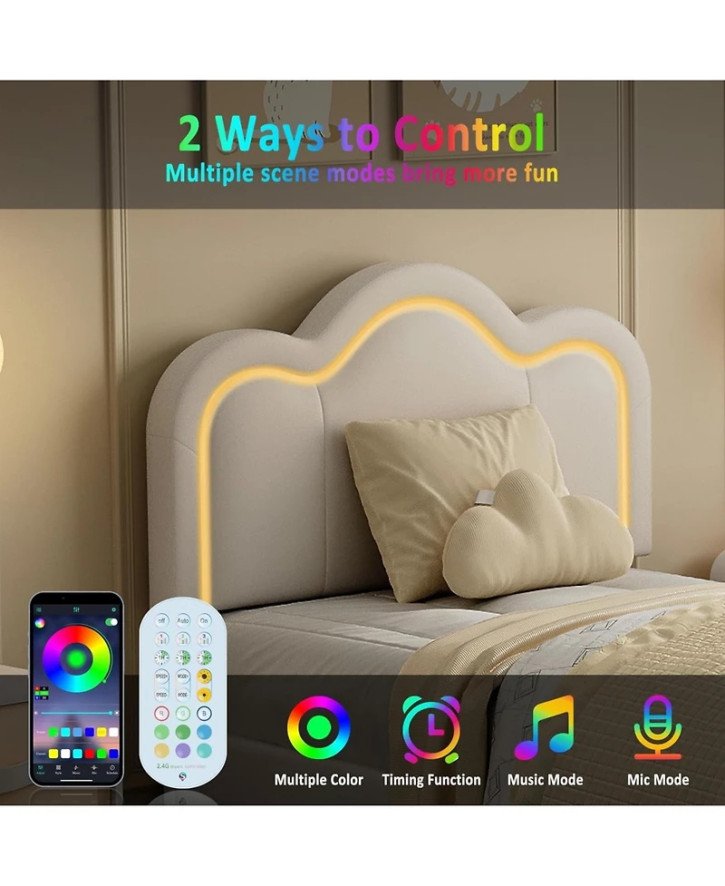 gaomon Twin Upholstered Smart Led Bed Adjustable Hills Headboard Storage Drawer Pu Leather Wooden Slats No Box Spring