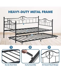 gaomon Daybed with Trundle Twin Day Bed 6 Wheels Art Sweet Heart Heavy Duty Metal Slats Pull Out Sofa Bed