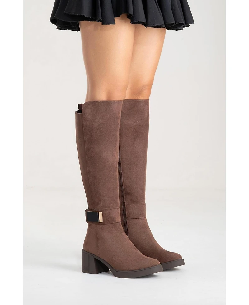 Prologue Shoes Moreni Stretch Buckle Block Heel Knee High Boot (Women)