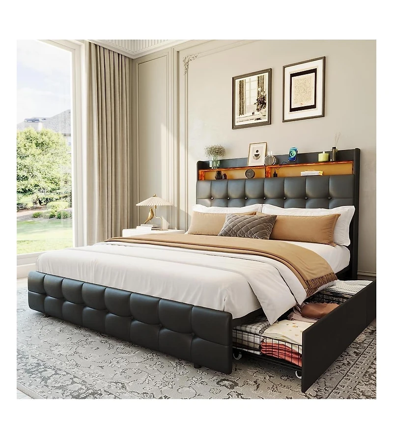 gaomon Queen Size Bed Frame with 2 Storage Drawers, Upholstered Bed Frame Queen with Led Light