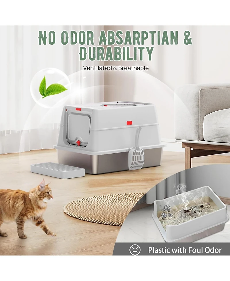 Ltmate Stainless Steel Litter Box with Lid,with Triple Pedal, Non-Sticky