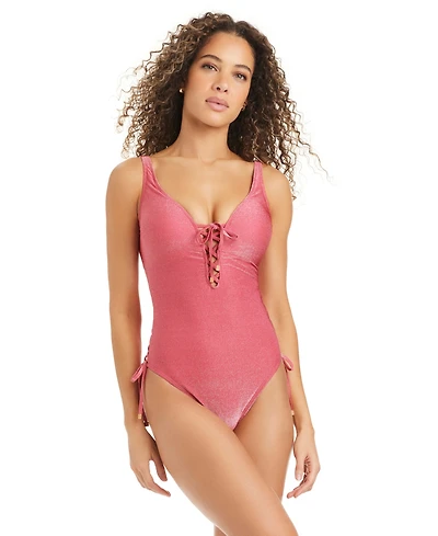 Bar Iii Women's Shimmer Lace-Up One-Piece Swimsuit, Macy's Exclusive