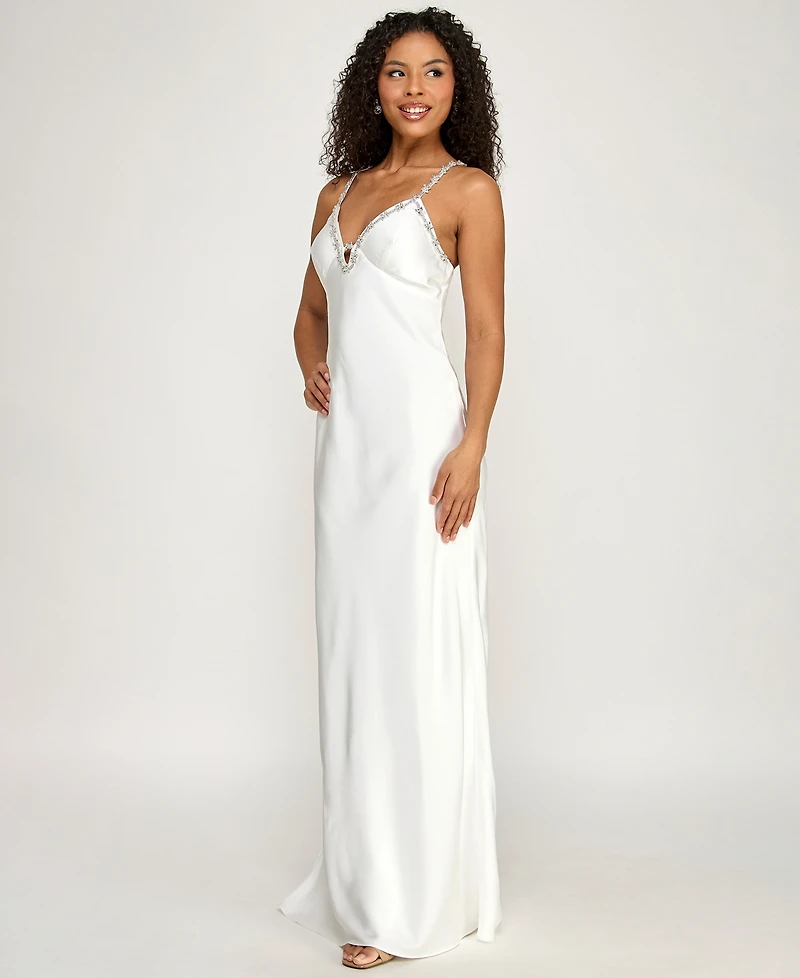 Seni & Cade Women's Rhinestone Trim Long V-Neck Slip Dress